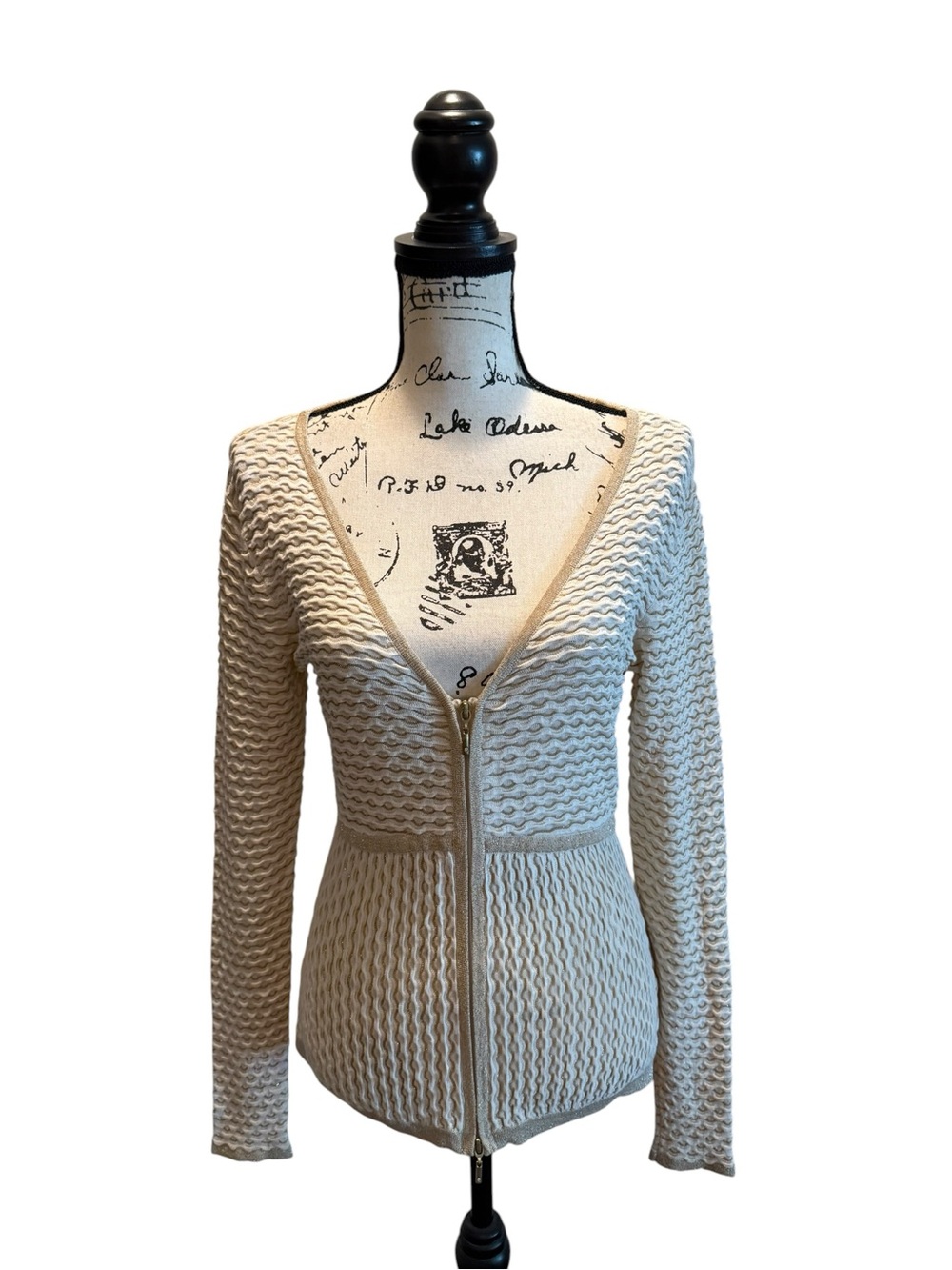 CACHE Vintage Silk Blend Cardigan Sweater White Gold Size Large Lightweight NWOT